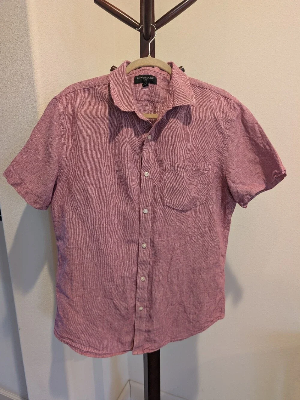 Banana Republic Linen Short-Sleeve Button-Down Shirt, Red Stripe, Size L, Slim